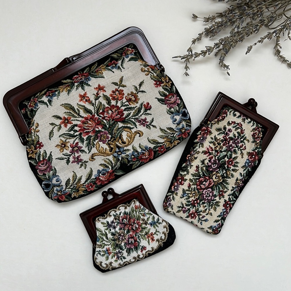 Vintage Tapestry Matching Set Purse Handbag Clutch Coin Purse Glasses Pouch 3pc - Picture 1 of 10